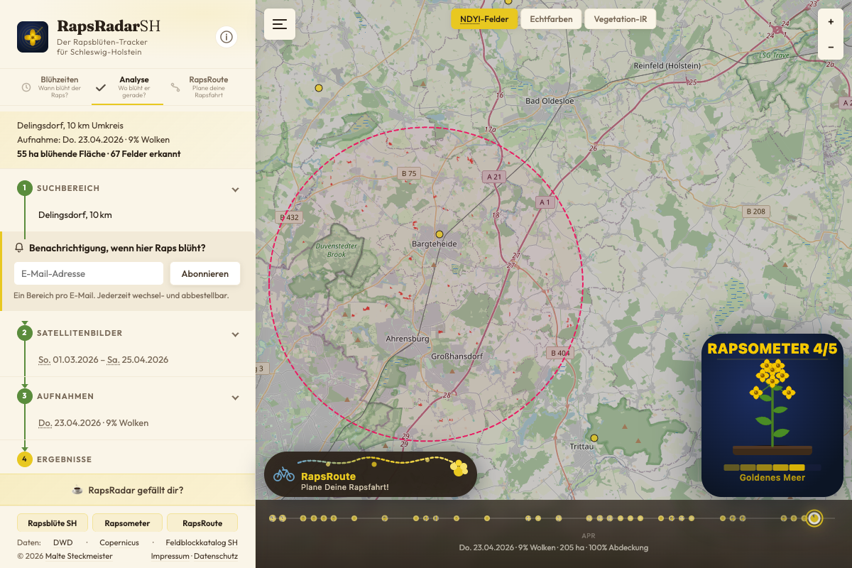 Interaktive Rapsblüten-Karte mit Satellitenfeldern bei Delingsdorf